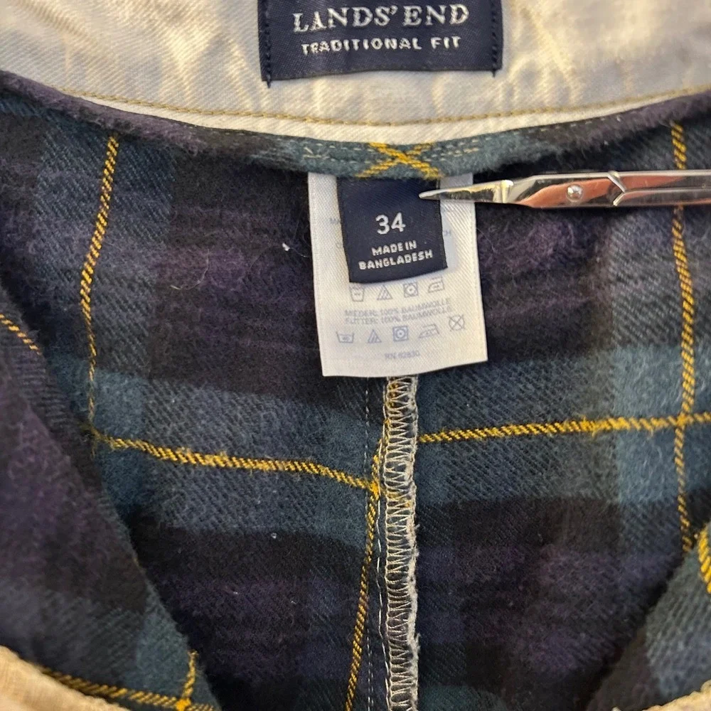 Lands End Mens 34x31 Traditional Fit Plaid Flannel Lined Chino Pants Khaki